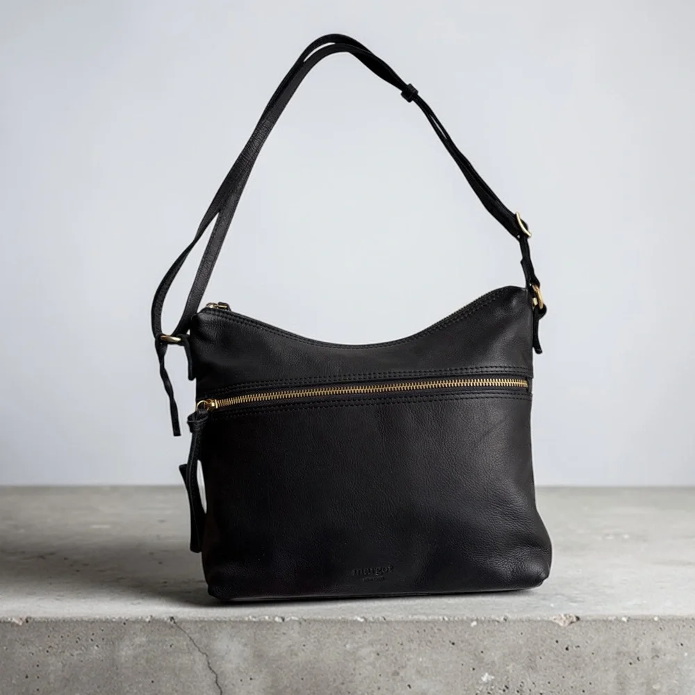 Classic Black Leather Shoulder Bag with Gold Hardware